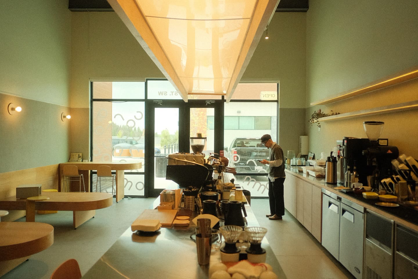 the cafe floor in morning light